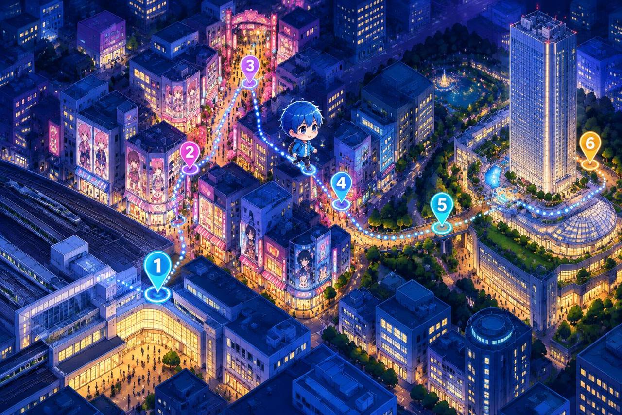 Illustrated map of the Ikebukuro anime shop walk with Kaito walking the route